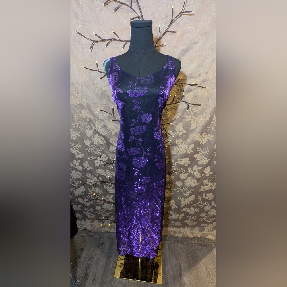YS Fashion U.S.A Black And Purple Floral Sheer Lined Maxi Dress, Size M, EUC!